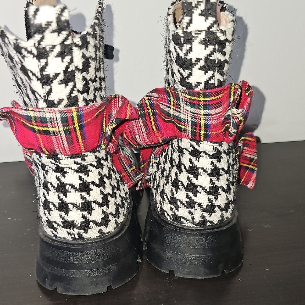 Betsey Johnson Houndstooth Combat Boots with Red Plaid Accent - Picture 7 of 8